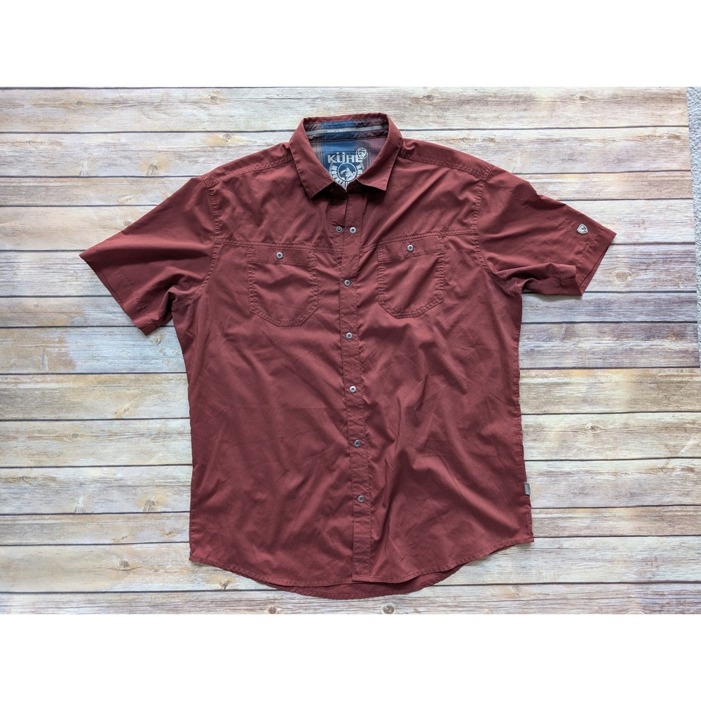 KUHL Stealth Short Sleeve Shirt Mens L Brick Red Micro-Grid Check Pattern UPF 30